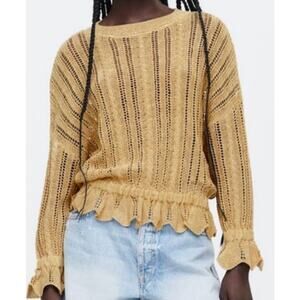 Zara Gold Metallic Pointelle Knit Boho Ruffle Cuff & Hem Sweater 
Size Med
NWT